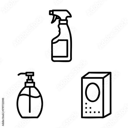 Detergents Soap Icon Set Spray Bottle Powder Outline Vector