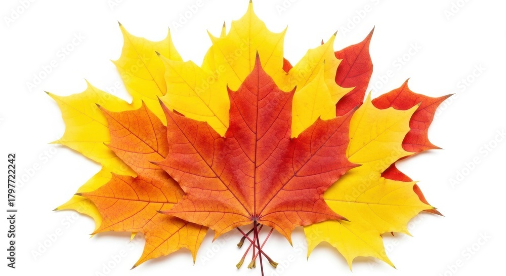 Fototapeta premium A cluster of autumn maple leaves in vibrant red orange and yellow isolated on white background