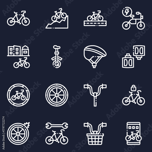 Bicycle and cycling vector icon set featuring bike sharing, electric bikes, repair tools, and accessories
