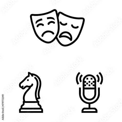 Student Clubs Icon Set Drama Masks Chess Mic Outline Vector