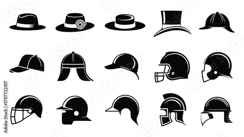 Assortment of black silhouette headwear including hats and helmets on white background fashion