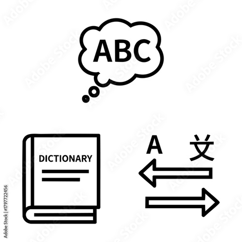 Language Learning Icon Set Speech ABC Dictionary Translate