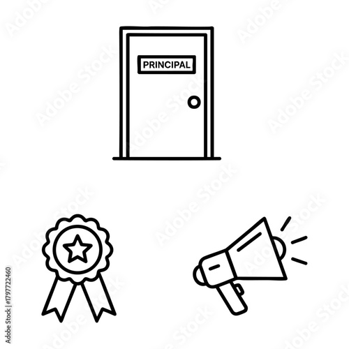 School Admin Icon Set Office Door Ribbon Megaphone Line