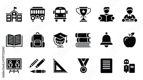 Black and White Icons Representing Education and Schooling learning symbols