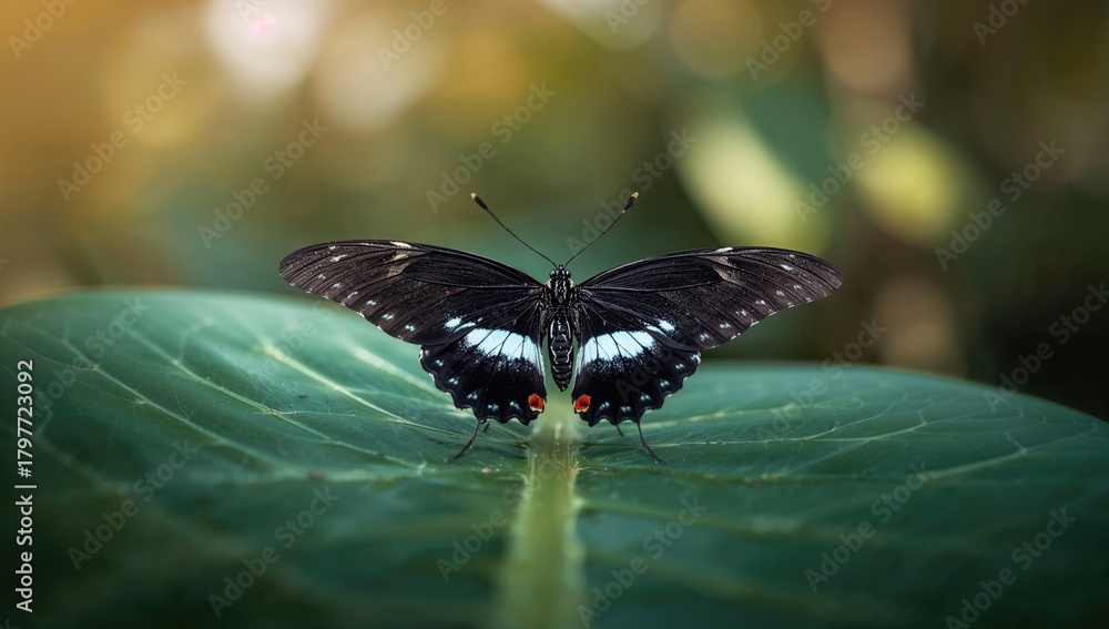 Fototapeta premium Perspective of a black butterfly resting on a leaf, showcasing nature's delicate balance