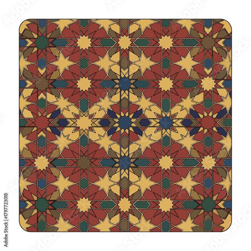 Intricate geometric star pattern offers a vibrant, colorful, and artistic design element perfect for backgrounds, textiles, or adding a touch of global flair