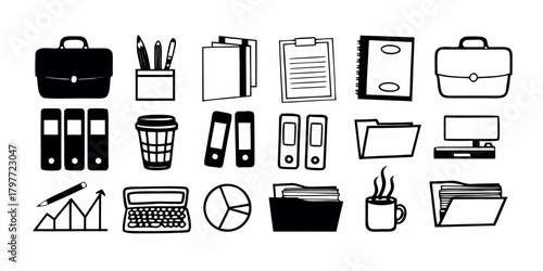 Illustration of office supplies including a briefcase, folders, and a computer on a white background on transparent background