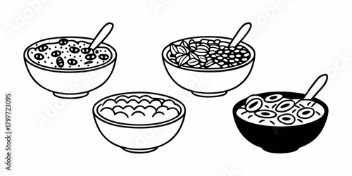 Four bowls of different food with spoons in black and white line art vector illustration style image on transparent background