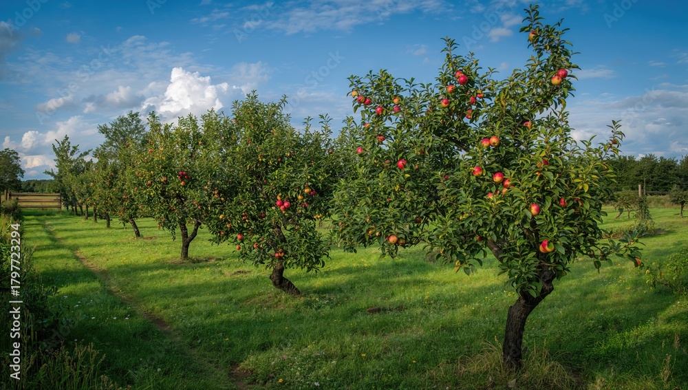 Fototapeta premium Apple trees in a lush orchard, seasonal change