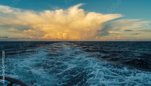 Fototapeta Naklejka Na Ścianę i Meble -  Radiant clouds over the ocean, turbulent waves and water splashes, dramatic post-storm sky, adventurous sailing scene