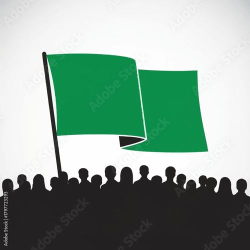 Empowered crowd supporting a vibrant green flag, ideal for campaigns, environmental causes, and community initiatives with a powerful, unified message