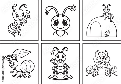 Cute cartoon ant black line art vector illustration for kids, Coloring page or book design bundle set