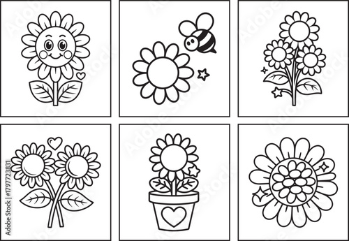 Relaxing bloom sunflower black line art vector illustration for kids, Coloring page or book design bundle set