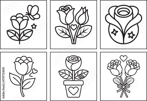 Relaxing bloom rose flower black line art vector illustration for kids, Coloring page or book design bundle set