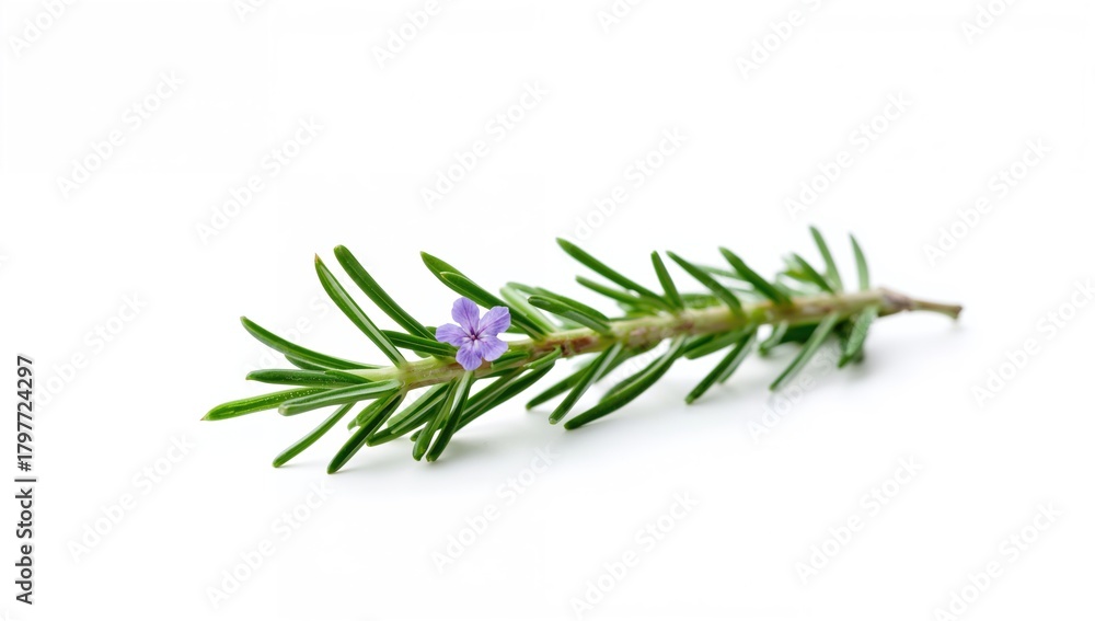 Fototapeta premium Rosemary sprig featuring flowers, isolated against a white background, culinary herb for flavor enhancement