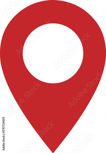 Red location pin vector icon with a white circle representing a map marker for navigation and points of interest
