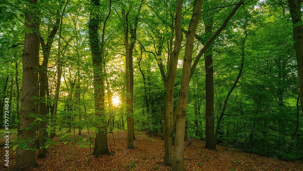 Fototapeta premium View of an ancient beech forest with sunlight filtering through, showcasing the lush greenery and summer atmosphere, seasonal change