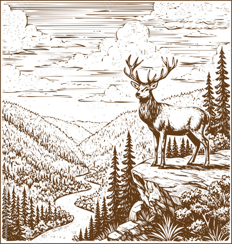 Majestic stag standing on a cliff overlooking a winding river valley in a mountainous landscape, sketch style