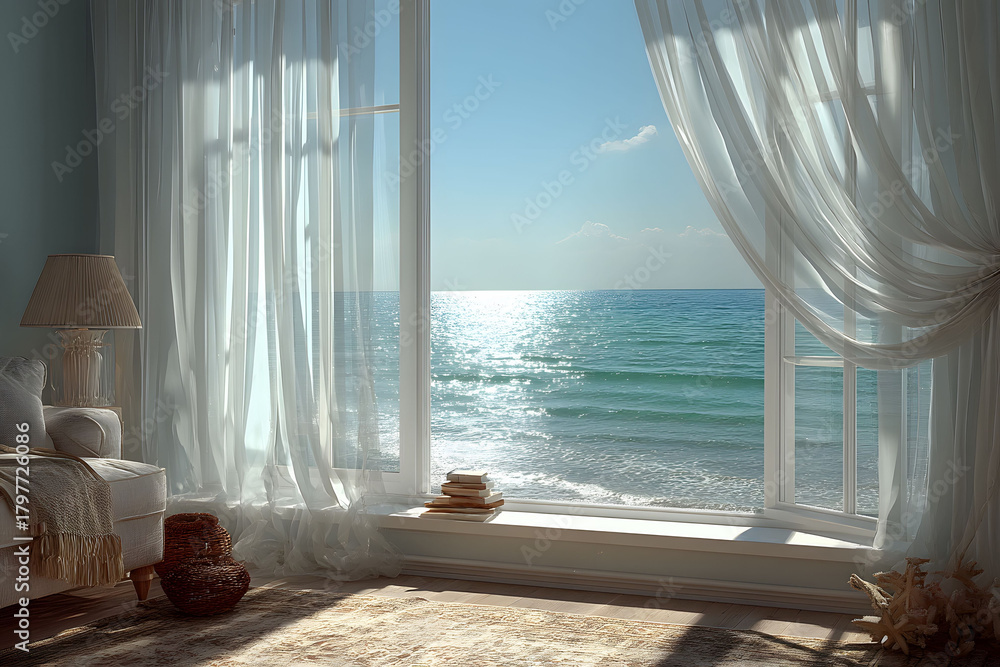 Fototapeta premium Serene Coastal View from a Cozy Living Room with Sunlit Ocean