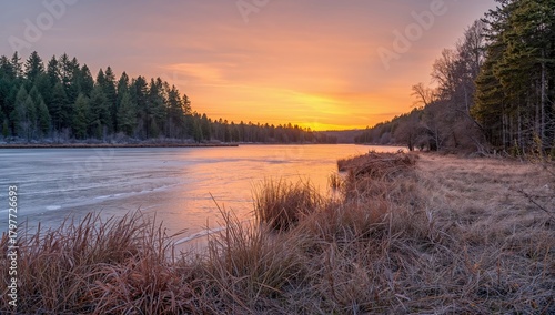 Fototapeta Naklejka Na Ścianę i Meble -  Winter forest landscape featuring a frozen lake during sunset, seasonal change