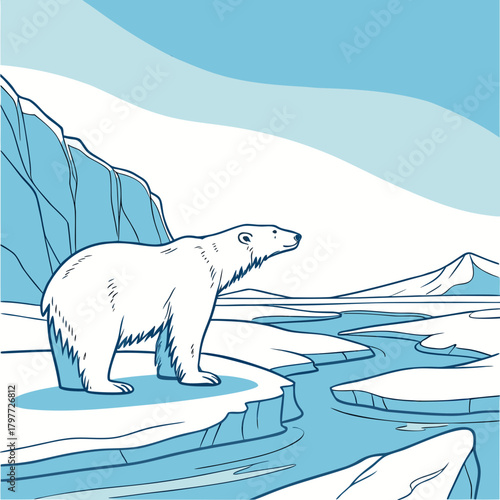 A solitary polar bear stands on an ice floe surrounded by icy water and snow covered mountains under a blue sky