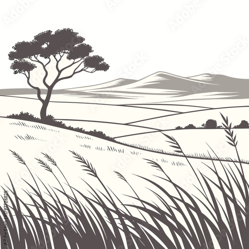 Stylized illustration of a lone acacia tree on a grassy hill overlooking rolling fields and distant mountains