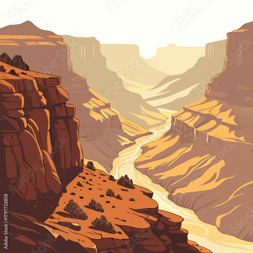 Vibrant illustration of a majestic canyon with a winding river flowing through its depths under a soft sky