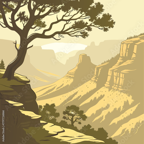 Stylized illustration of a grand canyon landscape with a large tree in the foreground overlooking vast desert mesas