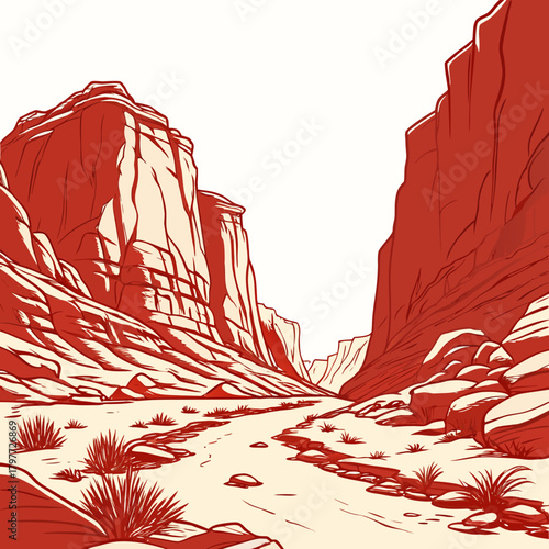 Stylized red and beige illustration of a desert canyon landscape with rocky terrain and sparse vegetation