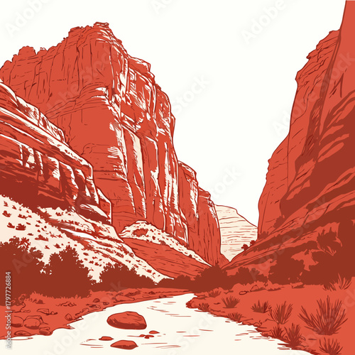 Stylized illustration of a vibrant red sandstone canyon with a winding river flowing through the arid landscape
