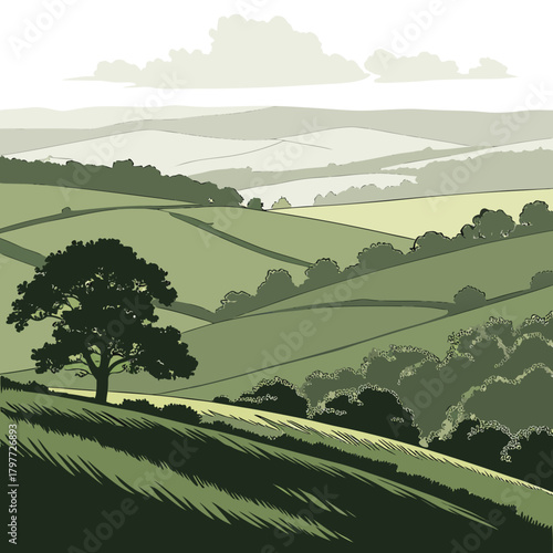 Stylized illustration of rolling green hills and a solitary tree under a cloudy sky
