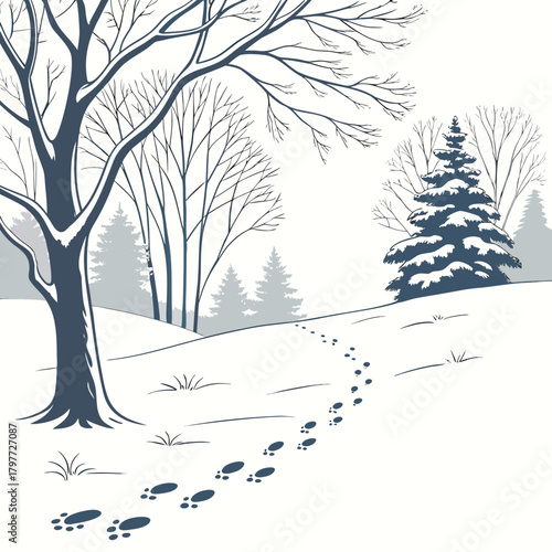 A solitary path of footprints winds through a serene snow covered winter forest landscape with bare trees and evergreens