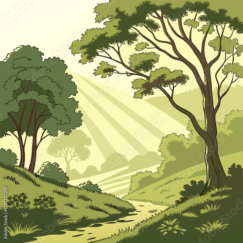 A serene forest path bathed in warm sunlight filtering through the lush green trees and foliage