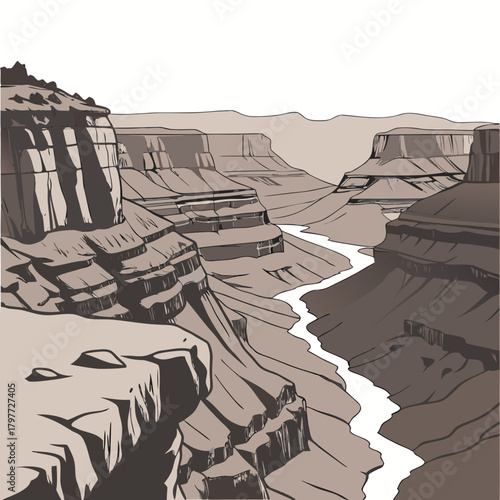 Stylized illustration of a vast canyon landscape with a winding river carving through the layered rock formations