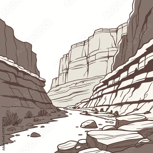 Stylized illustration of a winding river flowing through a vast desert canyon with layered rock formations and sparse vegetation