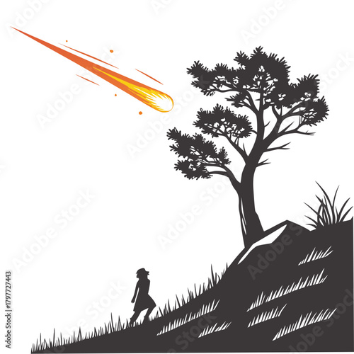 A lone silhouette of a person walking uphill towards a tree as a fiery meteor streaks across the sky
