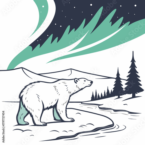 Majestic polar bear stands on ice under the vibrant green aurora borealis sky