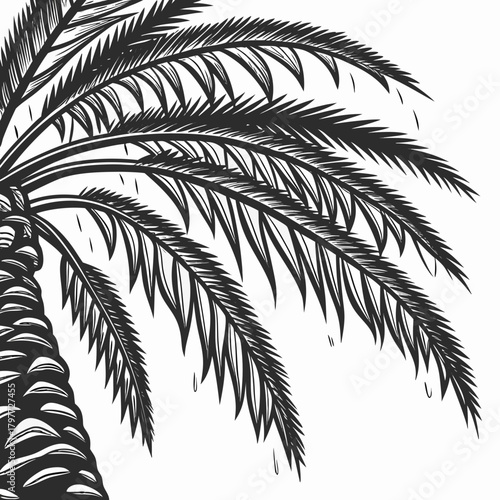 Detailed black and white illustration of a palm tree trunk and fronds against a white background