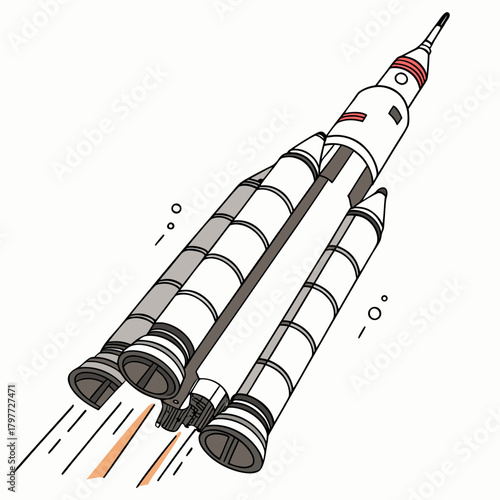 Illustration of a multi stage rocket launching into space with orange flames and smoke from its engines