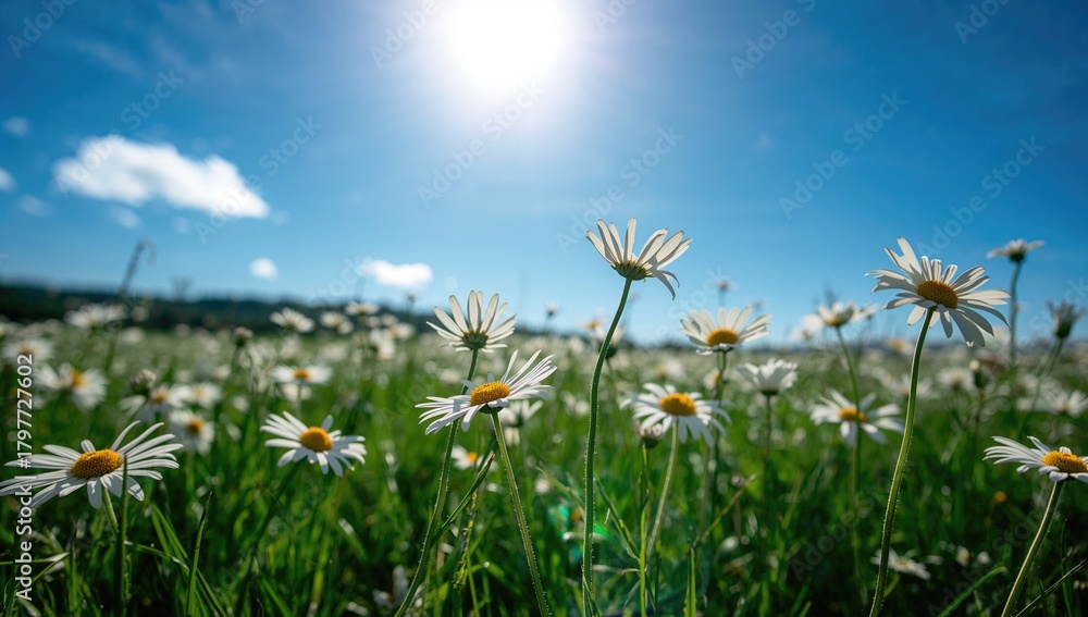 Obraz premium Sunshine and blue skies illuminating white daisies, seasonal change