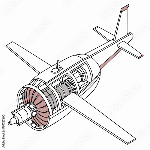 Detailed isometric cutaway illustration of a jet engine and aircraft fuselage showing internal components and structure