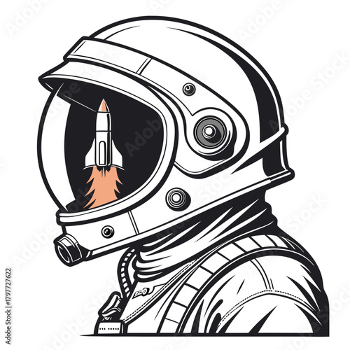 Astronaut wearing a helmet with a rocket launching inside the visor reflecting the journey to space