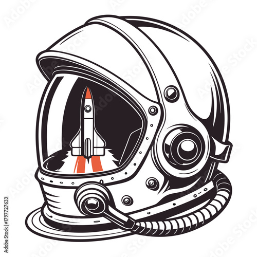 Retro astronaut helmet with a stylized rocket launching from inside the visor against a dark background