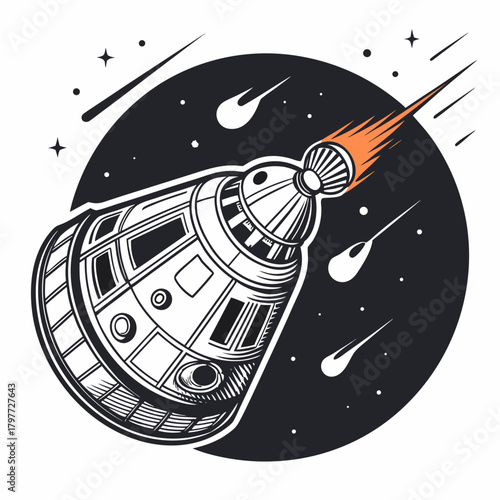 Retro style illustration of a vintage spacecraft capsule re entering earth s atmosphere with fiery exhaust trails and meteors