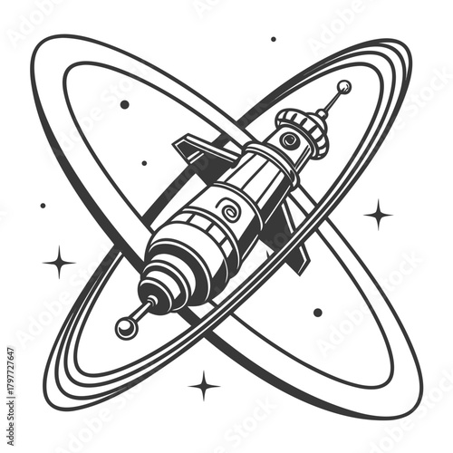 Fototapeta Naklejka Na Ścianę i Meble -  Retro style illustration of a futuristic space station orbiting a planet with rings and stars