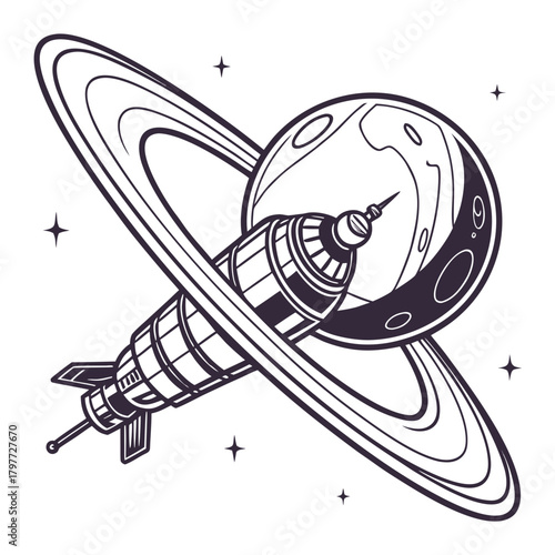 Stylized illustration of a retro spacecraft orbiting a ringed planet with stars in the background