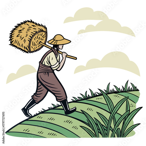 Farmer wearing straw hat and overalls carrying a bundle of hay over shoulder walking through green fields