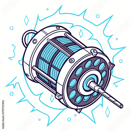 Stylized illustration of a futuristic energy coil device with glowing blue elements and electric sparks