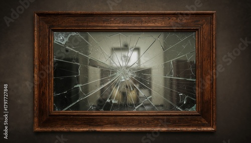 Aerial view of a shattered mirror in an antique wooden frame, associated with misfortune