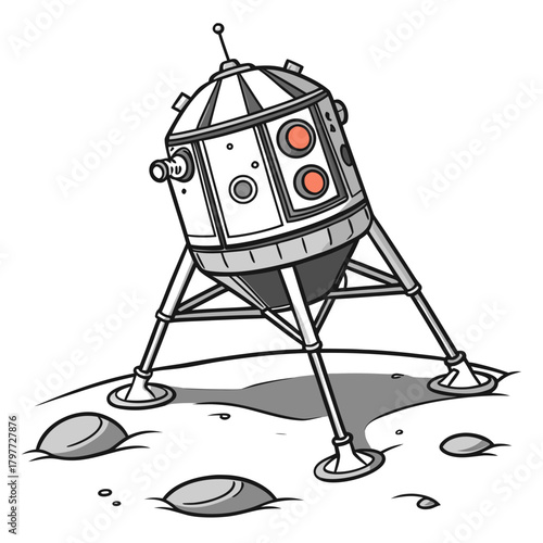 Stylized cartoon lunar lander spacecraft with landing gear resting on a rocky alien surface